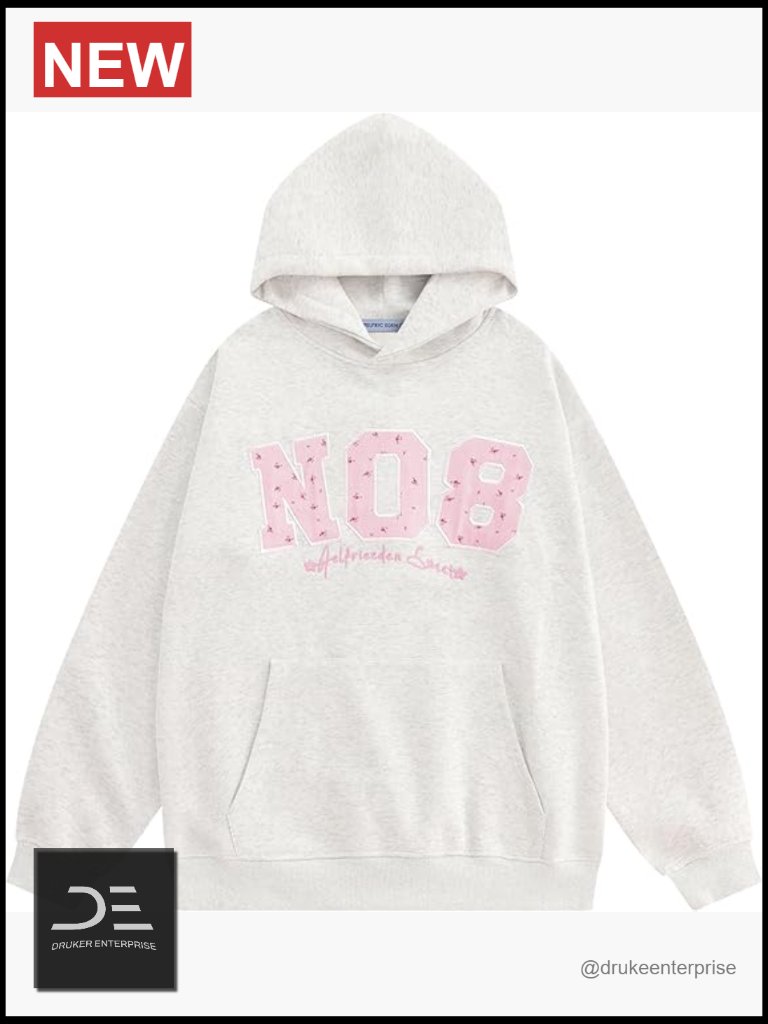 Oversized Embroidery Letter Number Print Pullover Hooded Sweatshirt Unisex